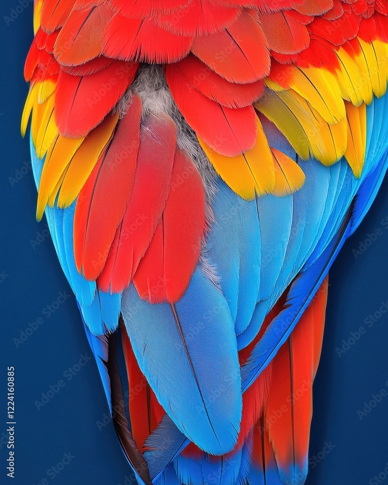 Obraz premium Macro shot of vibrant parrot feathers in red blue and yellow close-up nature colorful detail