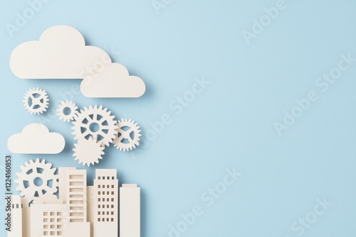 A playful paper art composition featuring clouds and gears above a city skyline against a light blue background, evoking creativity and innovation.