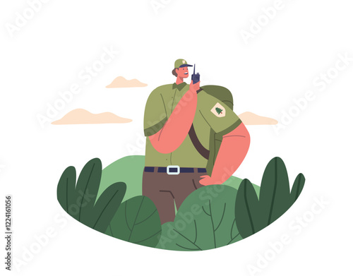 Ranger Forester Character In Forest Communicating With Walkie-talkie, Monitoring, Patrolling, Alerting Wildlife