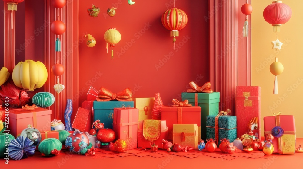 A vibrant 3D rendering of red envelopes arranged neatly alongside colorful gifts and traditional Chinese decorations, celebrating Lunar New Year A vibrant 3D rendering of red envelopes arranged neatly alongside colorful gifts and traditional Chinese decorations, celebrating Lunar New Year