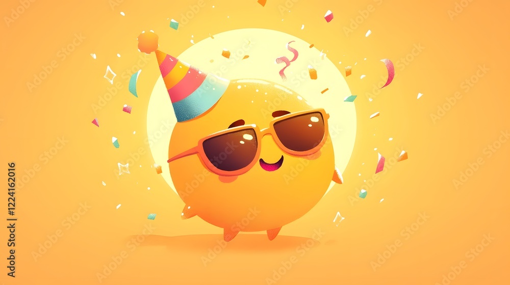 Greeting card design featuring a smiling emoji character with party hat and sunglasses. Greeting card design featuring a smiling emoji character with party hat and sunglasses.