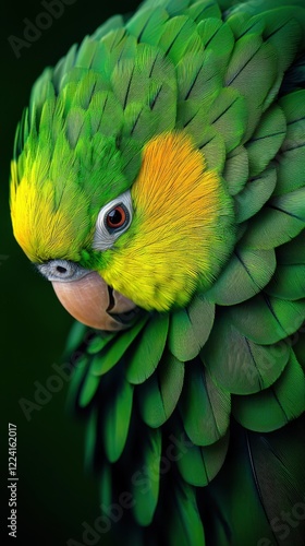 Macro shot of vivid green and yellow parakeet feathers nature close-up textured layers detailed view avian beauty photo