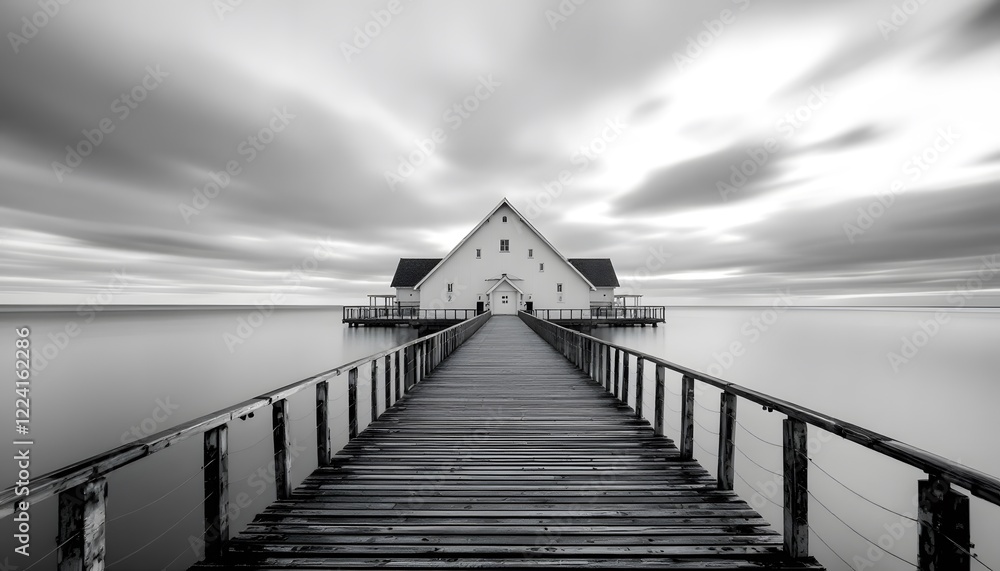 Fototapeta premium Peaceful Black and White Lake House Pier Landscape Photo