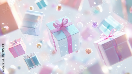 A creative 3D discount coupon with holographic details and gift boxes in pastel shades floating around, on white