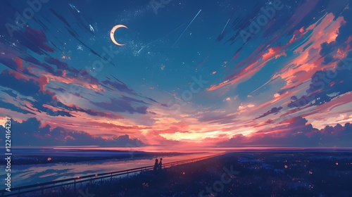 Highway road leading to the horizon under a moonlit sky