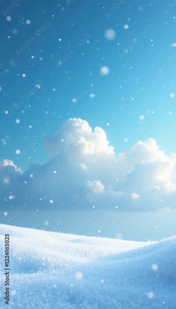 Softly falling snow in a vast cloudy blue sky, gentle flakes, icy crystals, frosty air Softly falling snow in a vast cloudy blue sky, gentle flakes, icy crystals, frosty air