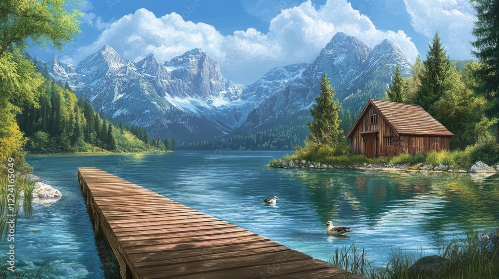 Naklejka premium Peaceful wooden dock leading toward a quaint boathouse, set against the beauty of serene water and majestic mountain views