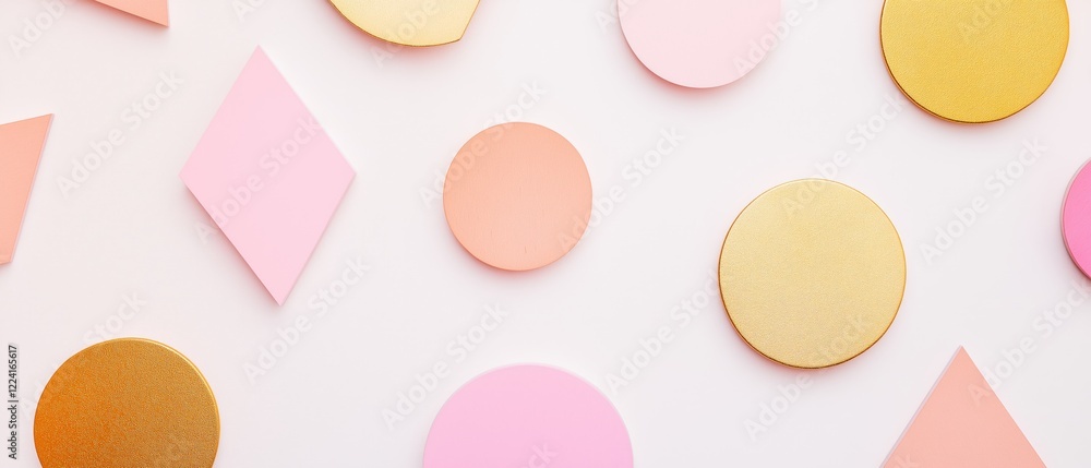 Abstract Pastel Shapes Background: Pink, Peach, Gold Circles and Geometric Forms on White Abstract Pastel Shapes Background: Pink, Peach, Gold Circles and Geometric Forms on White