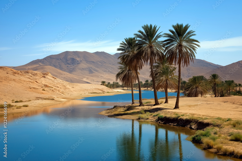 Scenic desert oasis with palm trees and calm blue water surrounded by arid mountains under a clear sky Scenic desert oasis with palm trees and calm blue water surrounded by arid mountains under a clear sky