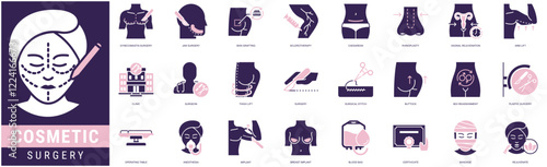 Cosmetic Surgery Icon set with microneedling,gynecomastia surgery,jaw surgery,skin grafting,sclerotherapy,caesarean,rhinoplasty,vaginal rejuvenation and arm lift