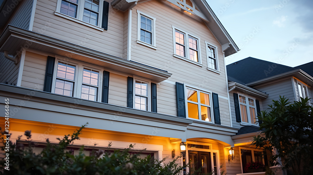 Naklejka premium Luxury Dream Home Exterior at Dusk: Captivating Night View of a Stunning Family House