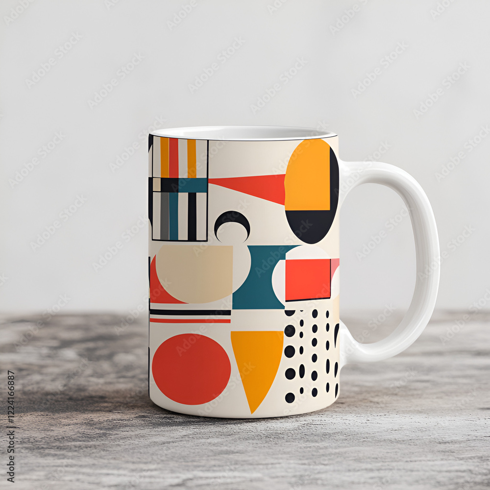 Obraz premium Modern ceramic coffee mug with colorful geometric pattern, Stylish artistic cup design with abstract contemporary shapes