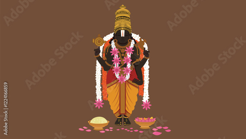 Lord Balaji (Venkateswara Swami) with Sacred Offerings and Floral Adornments