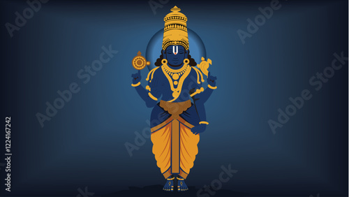 Divine Illustration of Lord Balaji (Venkateswara Swami) on Blue Background