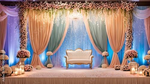 Obraz na płótnie Elegant wedding ceremony stage decorated with pastel peach and teal drapes, floral arrangements, a gold-framed chaise lounge, and candlelight. w salonie