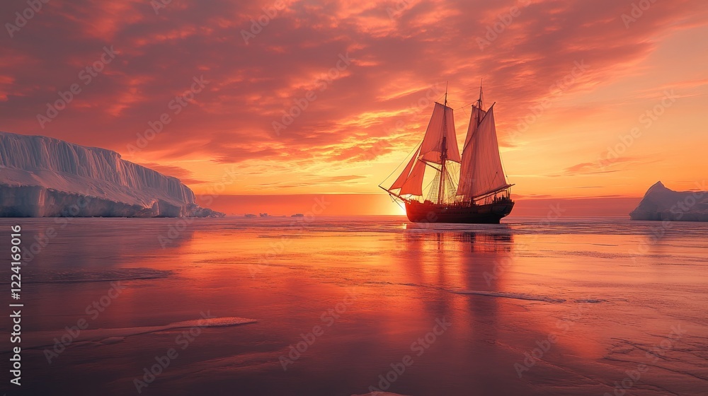Fototapeta premium Tranquil frozen sea with warm sunset hues reflecting on the ice, and a majestic two-masted sailboat gliding gracefully across the scene