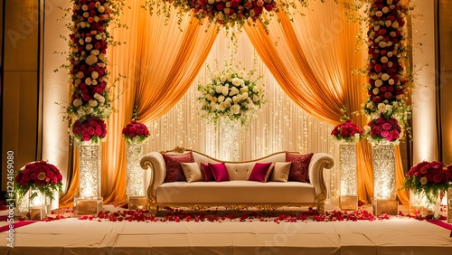 Luxurious wedding stage decor with ornate gold sofa, dramatic floral arrangements, and shimmering gold drapes.