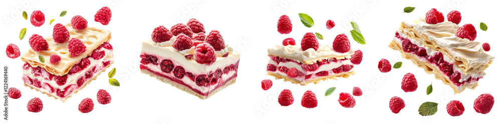 Raspberry lasagna slice flying through the air, showcasing creamy layers and fresh raspberries, isolated on white background. Collection Set Png. Raspberry lasagna slice flying through the air, showcasing creamy layers and fresh raspberries, isolated on white background. Collection Set Png.