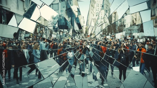 The mirror is shattered, creating a distorted reflection of the people