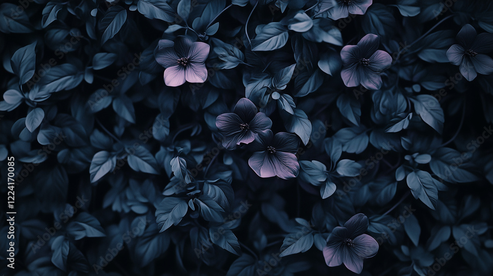 Enigmatic Dark Blue Floral Elegance: A Moody Composition of Deep Blue Leaves and Subtle Pink Flowers, Perfect for Backgrounds, Textures, or Artistic Expression. Enigmatic Dark Blue Floral Elegance: A Moody Composition of Deep Blue Leaves and Subtle Pink Flowers, Perfect for Backgrounds, Textures, or Artistic Expression.