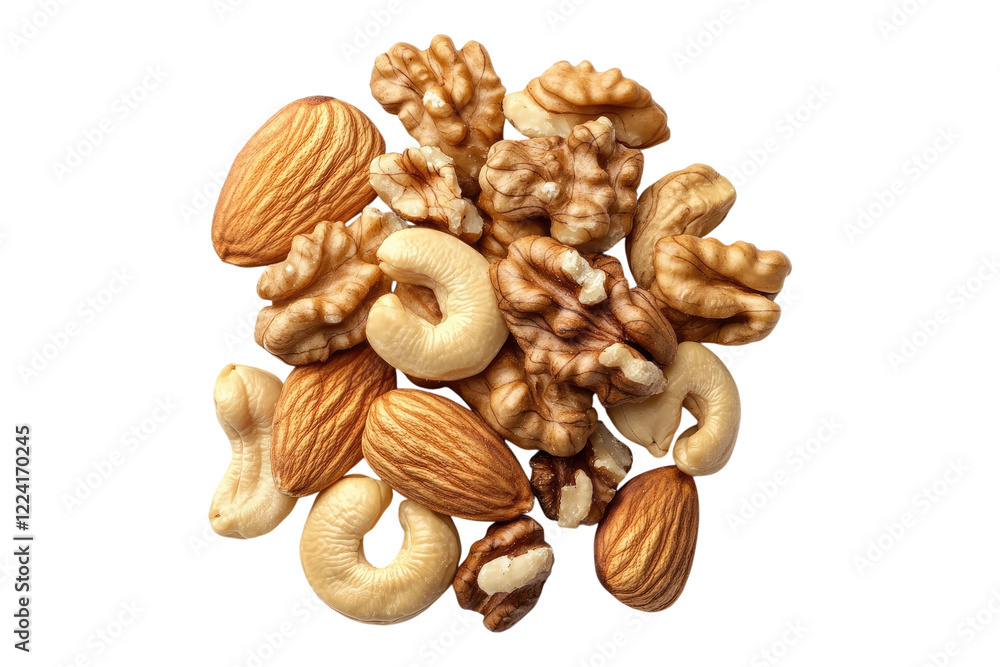 Pile of mixed nuts including almonds, cashews and walnuts isolated on white or transparent, PNG Pile of mixed nuts including almonds, cashews and walnuts isolated on white or transparent, PNG