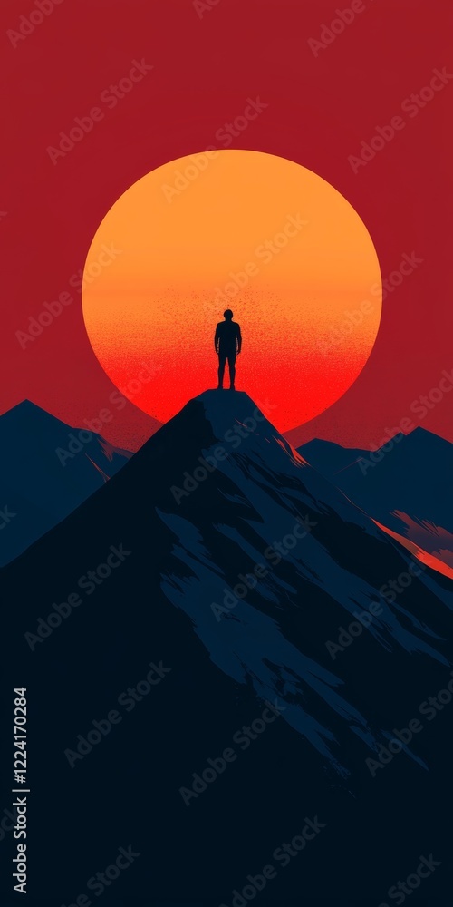 A man stands on a mountain peak in front of a large orange sun A man stands on a mountain peak in front of a large orange sun
