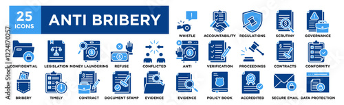 Anti-Bribery icon collection set. Containing design Whistleblower, Accountability, Regulations, Scrutiny, Corporate Governance	