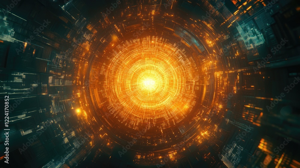 Fototapeta premium Virtual digital space illuminated by matrix code, with a radiant, high-tech portal at the center, symbolizing futuristic technology and cyberspace exploration