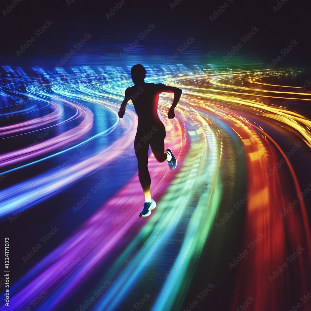Dynamic Motion of a Runner with Colorful Light Trails Background