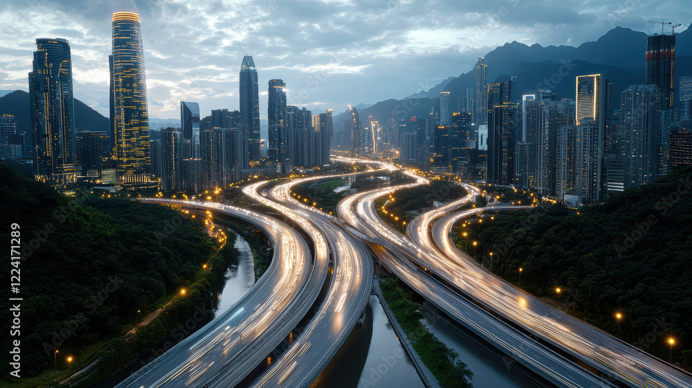 stunning view of futuristic cityscape with illuminated highways and skyscrapers stunning view of futuristic cityscape with illuminated highways and skyscrapers