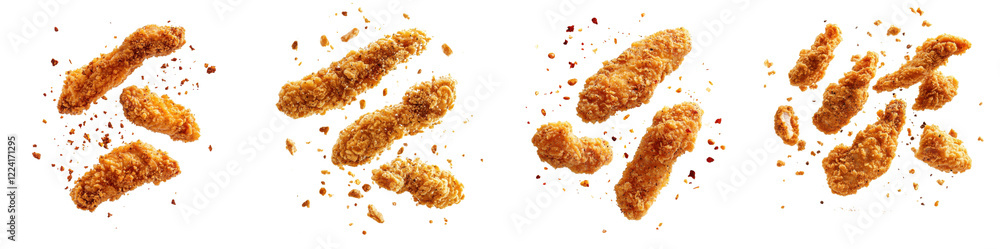 Fried chicken strips flying through the air with crumbs and seasoning, isolated on a white background. Collection Set Png.