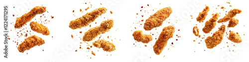 Obraz na płótnie Fried chicken strips flying through the air with crumbs and seasoning, isolated on a white background. Collection Set Png. w salonie