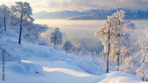 Wallpaper Mural Winter wonderland at Lake Baikal, Russia, showcasing icy waters and snow-covered terrain, creating a serene and untouched natural landscape Torontodigital.ca