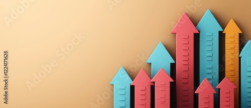 A vibrant graphic featuring upward-pointing arrows in various colors, symbolizing growth, progress, or rising trends against a soft beige background.