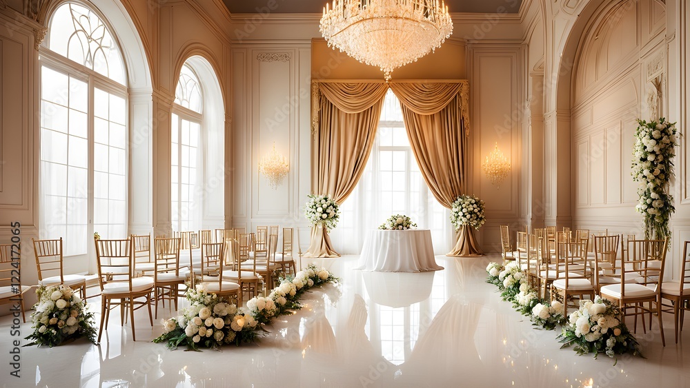Elegant wedding ceremony setup in a grand ballroom with gold chiavari chairs, white floral arrangements, and a luxurious chandelier.