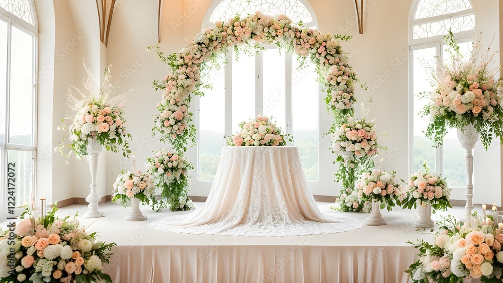 Elegant wedding ceremony setup with a floral arch, table, and arrangements in soft peach and white tones against a bright window. Elegant wedding ceremony setup with a floral arch, table, and arrangements in soft peach and white tones against a bright window.