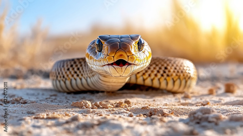 close up of cobra hood flaring defensive posture, showcasing its striking patterns and colors photo