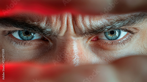 Intense close up of furrowed brows and glaring blue eyes, conveying emotion photo