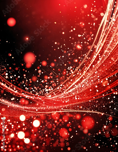 Crimson Sparkle: An abstract swirl of fiery red light trails across a dark background, scattered with shimmering particles and bokeh, creating a dramatic and luxurious effect. 