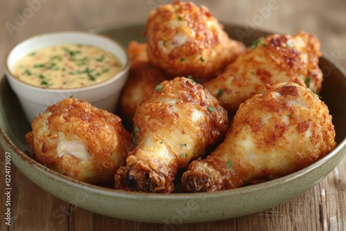 Crispy Fried Chicken Drumsticks with Dipping Sauce on a Rustic Wooden Table photo