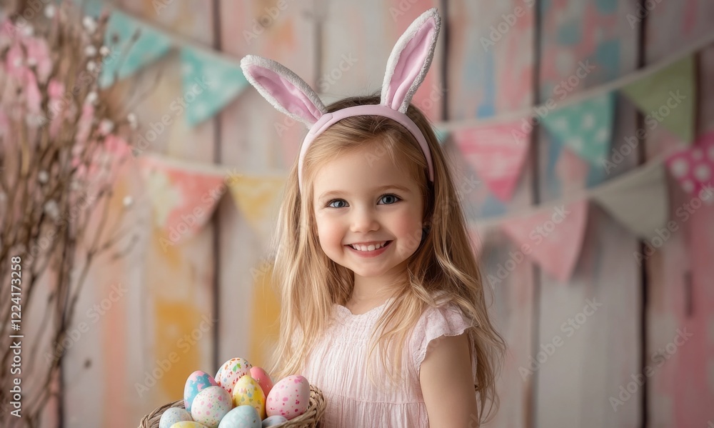 portrait of happy little girl child in bunny ears, holding Easter basket with colorful eggs in room decorated for Easter portrait of happy little girl child in bunny ears, holding Easter basket with colorful eggs in room decorated for Easter