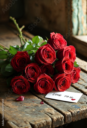 Romantic Red Roses: A dozen deep red roses, their velvety petals glistening with dew, lie on a rustic wooden table, accompanied by a heartfelt note reading 