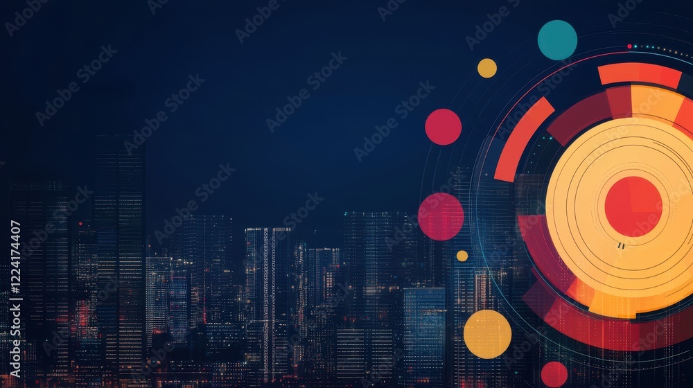 Obraz premium A vibrant digital abstract design featuring colorful circles against a dark city skyline backdrop.