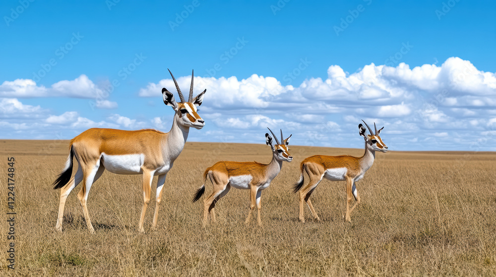 Naklejka premium family of antelopes moving together in tight formation under blue sky