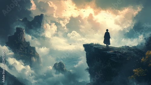 Silhouette of a lone person on a clifftop with cloudy sky and mountain peaks in the distance.