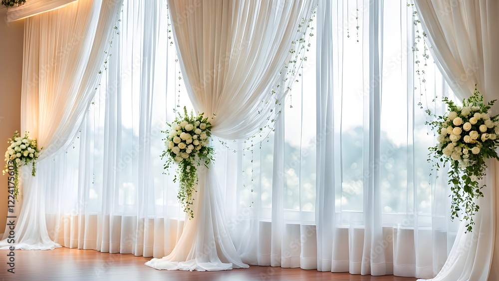 Fototapeta premium Elegant wedding backdrop with sheer white curtains, cascading floral arrangements, and a bright window view.