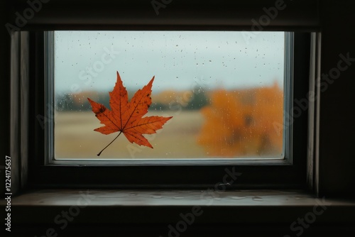 A single maple leaf clinging to a rainy window, with a golden autumn landscape faintly visible outside. photo