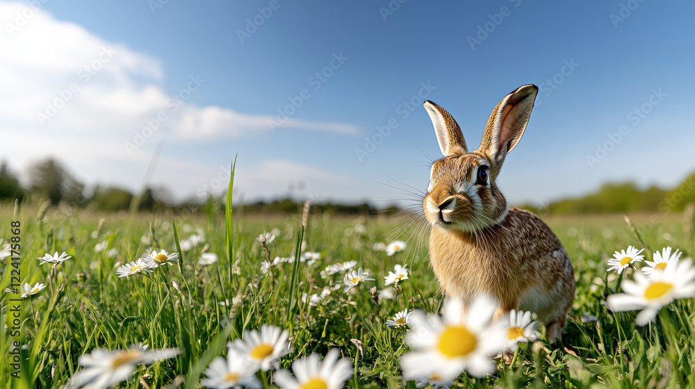 Obraz premium hare hopping through field of daisies under bright blue sky