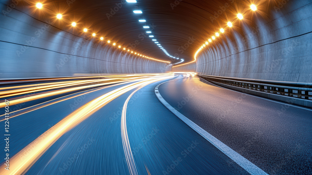 highway tunnel with streaks of car headlights illuminating path highway tunnel with streaks of car headlights illuminating path