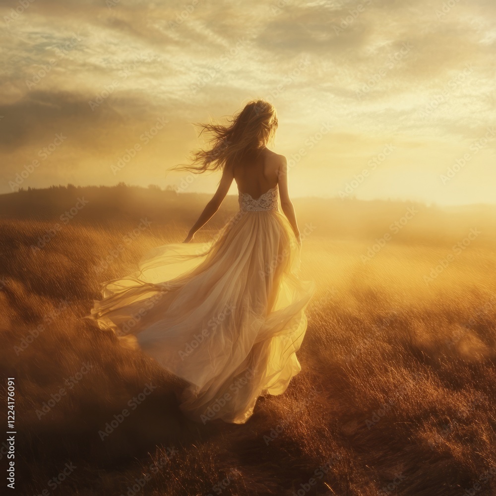 Enchanting Sunset Silhouette of a Woman in Flowing Dress Amidst Golden Field Enchanting Sunset Silhouette of a Woman in Flowing Dress Amidst Golden Field